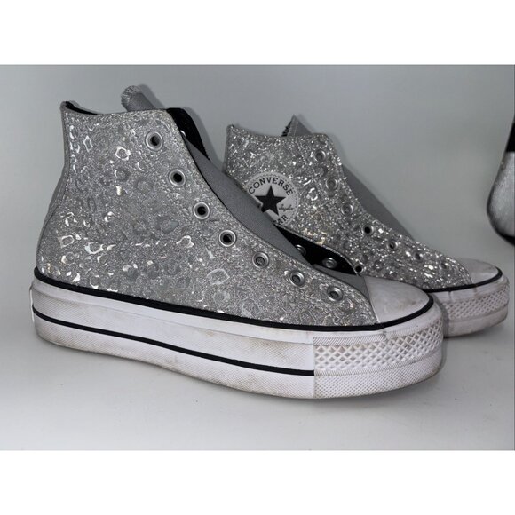 Converse CTAS Lift HI Silver/Black/White 572043C -SZ 8 EU39 Glitter Leopard - Picture 3 of 8